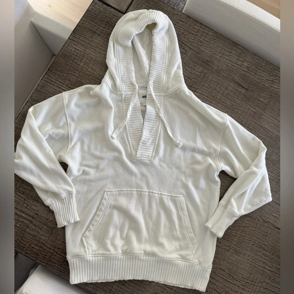 Aerie hoodie sweatshirt v neck with knit trim size XS oversized *white ivory* - Picture 1 of 5